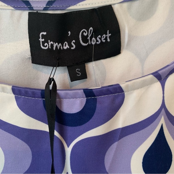 Erma’s Closet (NWT) (S) Dress, Round Neck, Purple Fun Pattern w/Belled Sleeves - Picture 2 of 6